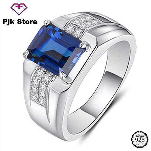Anel Masculino Banhado Prata 925 Esterlina Ajustável com Pedra Topázio Fusion Azul Zircônia