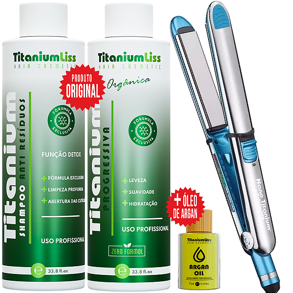 Kit Prancha Chapinha Super Nano Titanium 465F. + Progressiva Orgânica Titanium Liss + Argan