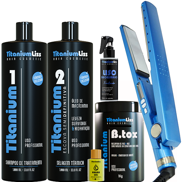 Kit Semi Difinitiva TitaniumLiss 2X1 Lt + Btox 1kg + Liso Necessário + Chapinha Nano + Argan