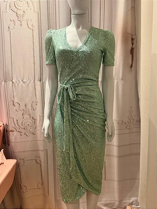 Vestido transpasse paete verde