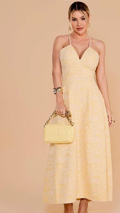 VESTIDO MAXI MIDI DECOTE V COM BOJO,TRANCADO DE AMARELO