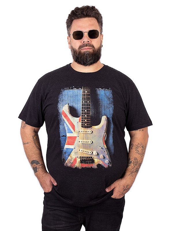 Camiseta Plus Size Guitarra UK Preto Jaguar.
