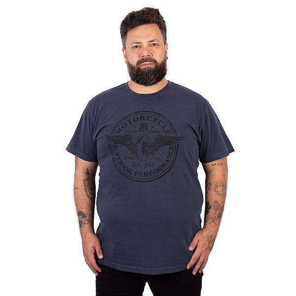 Camiseta Plus Size Estonada Moto Superior Azul.