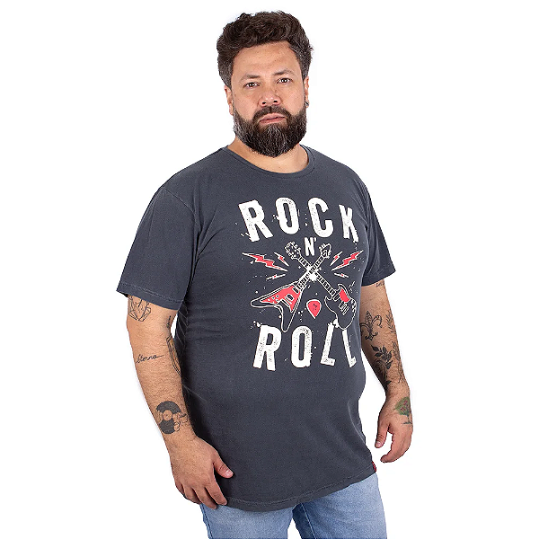 Camiseta Plus Size Estonada Guitarra Power Azul.