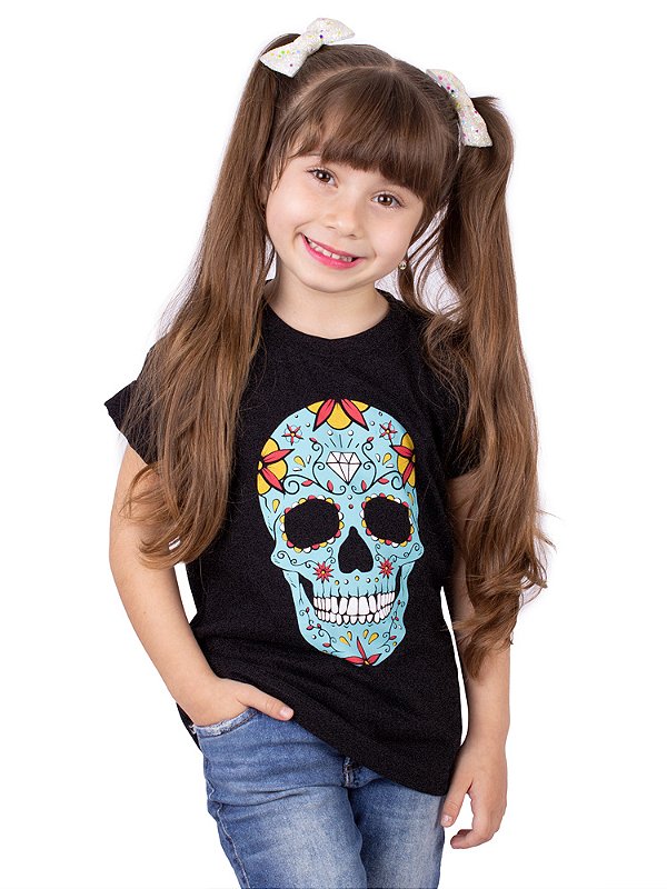 Camiseta Infantil Caveira Mexicana Preta Jaguar
