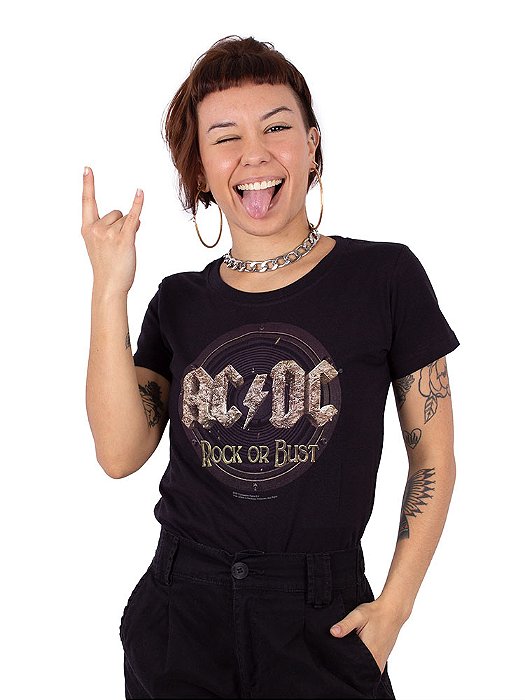 Camiseta Feminina ACDC Rock Or Dust Preta Oficial