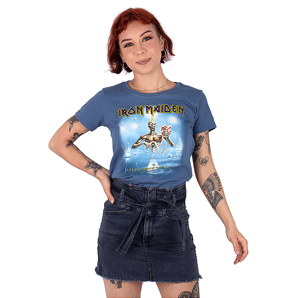 Camiseta Feminina Iron Maiden Seventh Son Azul Oficial