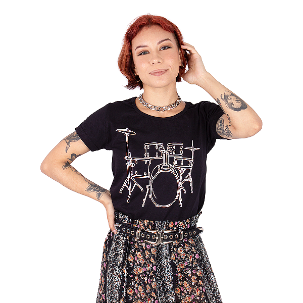 Camiseta Feminina Bateria Line Drum Preta