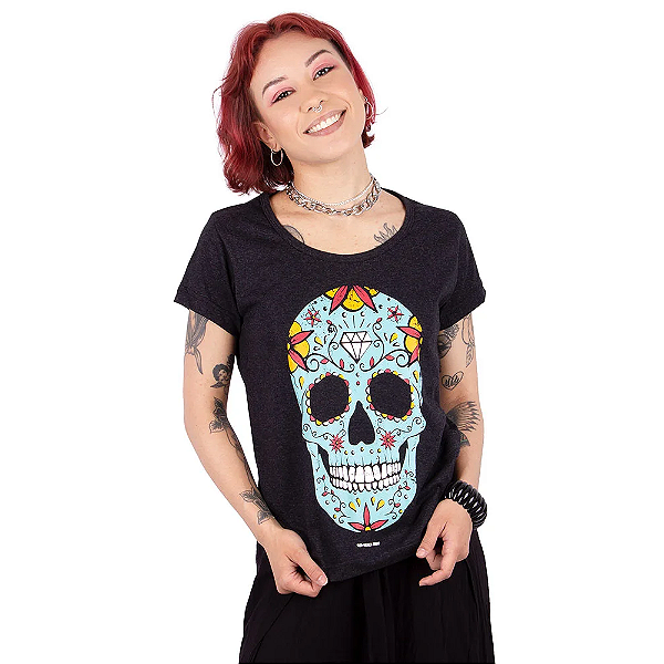 Camiseta Feminina Caveira Mexicana Preta Jaguar