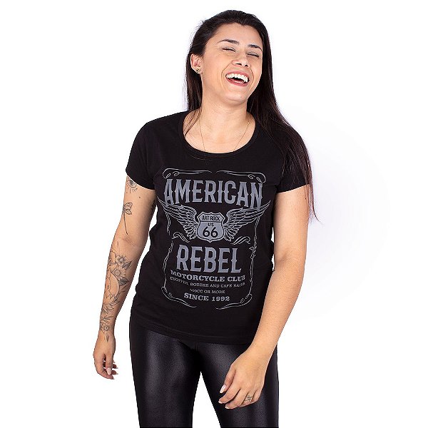 Camiseta Feminina Moto American Rebel Preta