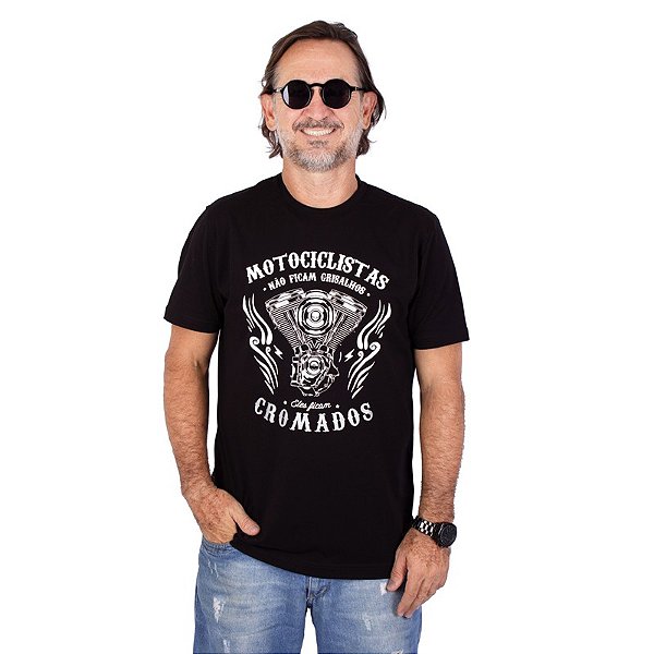 Camiseta Moto Motociclista Cromado Preta.