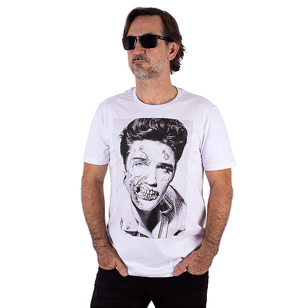 Camiseta Plus Size Elvis Zumbi Branca.