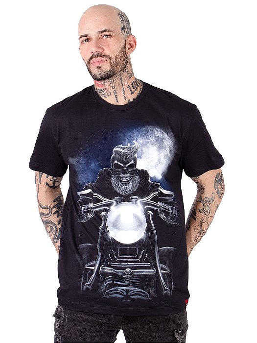 Camiseta Moto Skull Rider Full Preta.