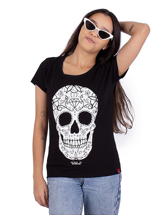 Camiseta Feminina Caveira Mexicana Preta - Viva a Vida com Arte, Viva com  Art Rock!
