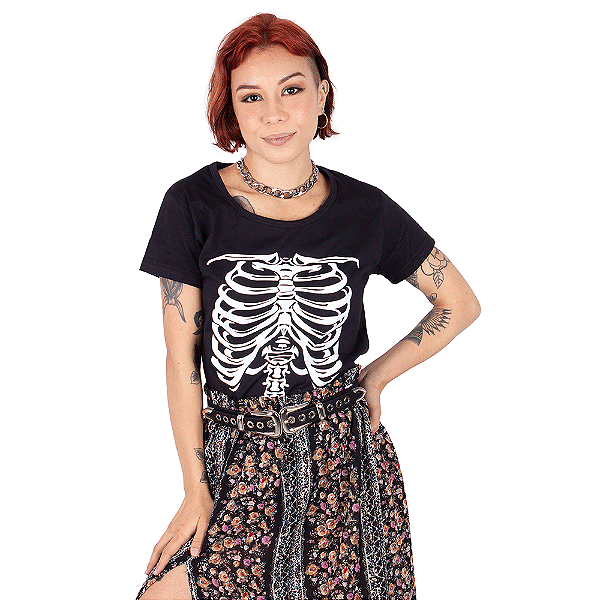 Camiseta Feminina Caveira Esqueleto Preta
