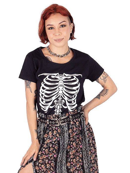 Camiseta Feminina Caveira Esqueleto Preta