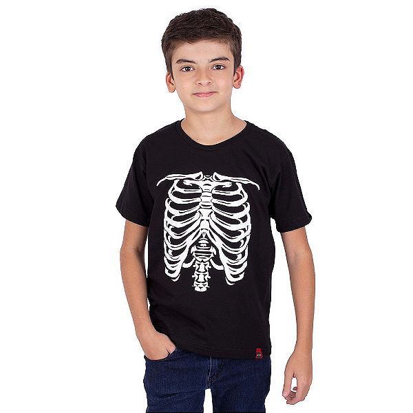 Camiseta Juvenil Caveira Esqueleto Preta