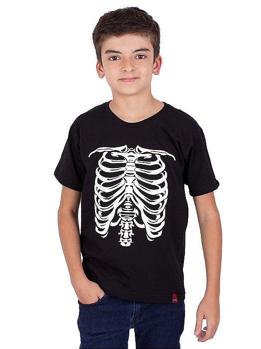 Camiseta Juvenil Caveira Esqueleto Preta