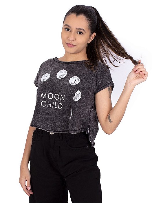 Blusa Cropped Estonada Moon Child Preta