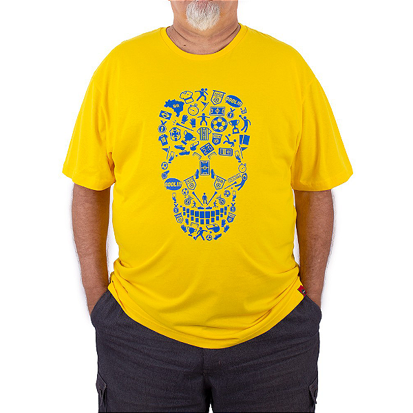 Camiseta Plus Size Brasil Fut Caveira Amarela.