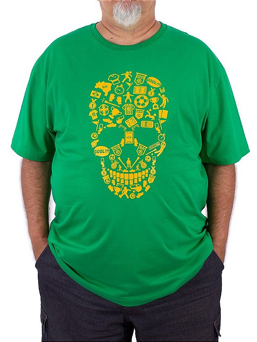 Camiseta Plus Size Brasil Fut Caveira Verde.