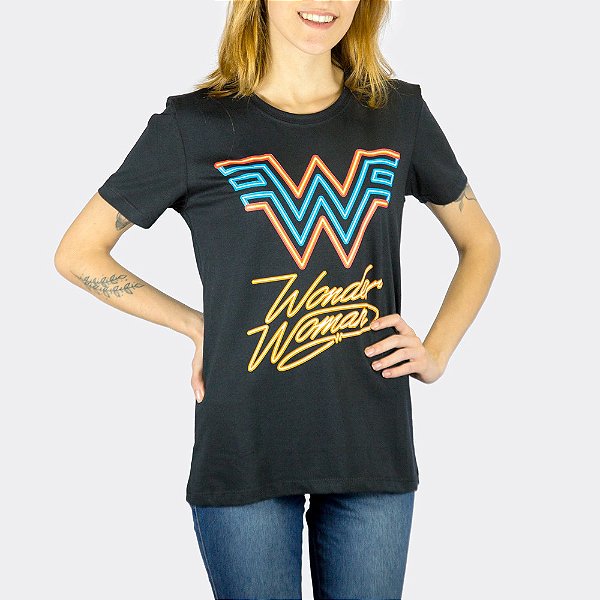 Camiseta Feminina DC Mulher Maravilha Logo Neon Preta Oficial