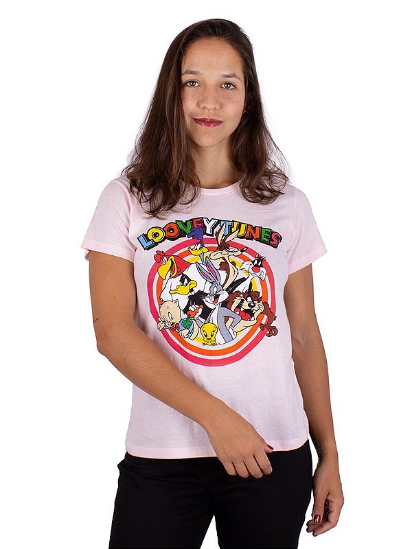 Camiseta Feminina Turma Looney Tunes Rosa Claro Oficial