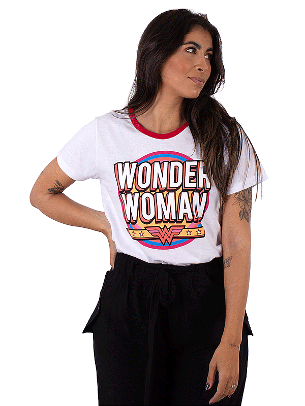 Camiseta Feminina Ringer DC Mulher Maravilha Retrô Branca Oficial
