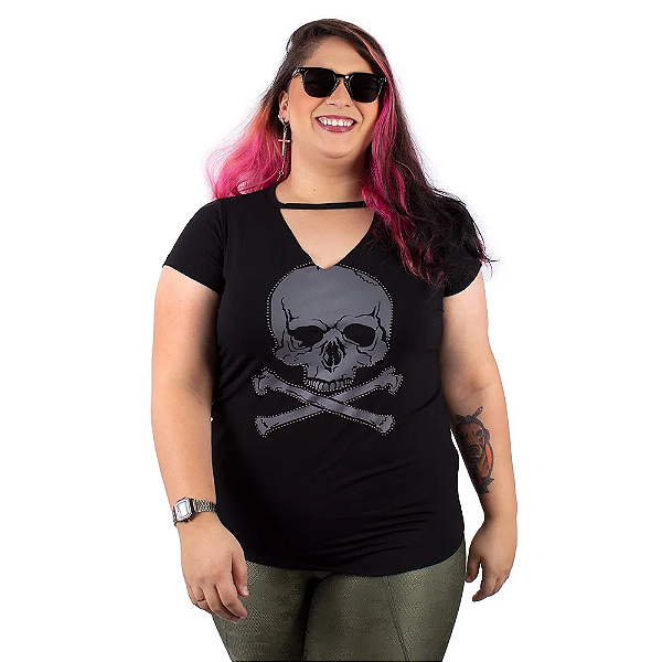 Blusa Choker Caveira Contorno Preta