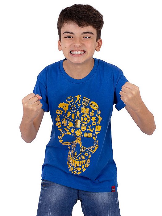 Camiseta Juvenil Brasil Fut Caveira Azul