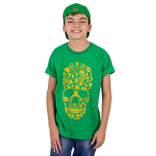 Camiseta Juvenil Brasil Fut Caveira Verde