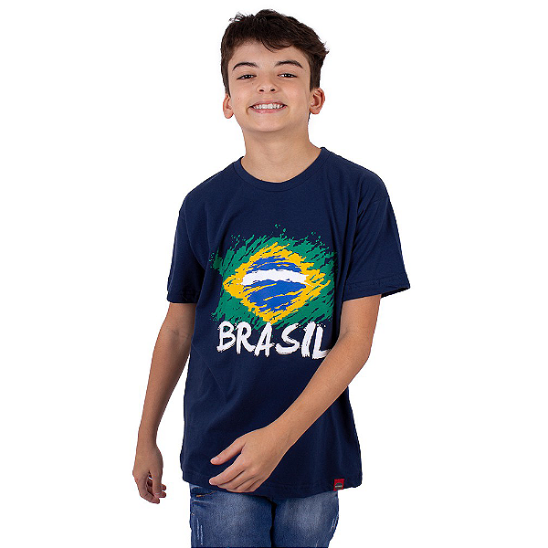 Camiseta Juvenil Brasil Bandeira Marinho