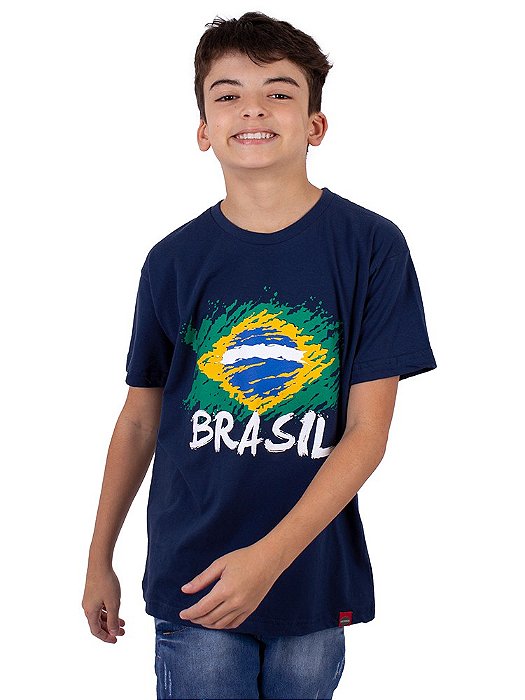 Camiseta Juvenil Brasil Bandeira Marinho