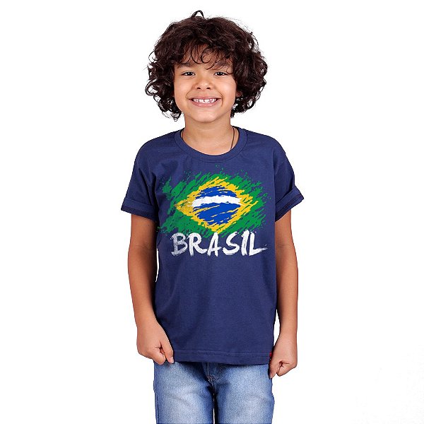 Camiseta Infantil Brasil Bandeira Marinho.