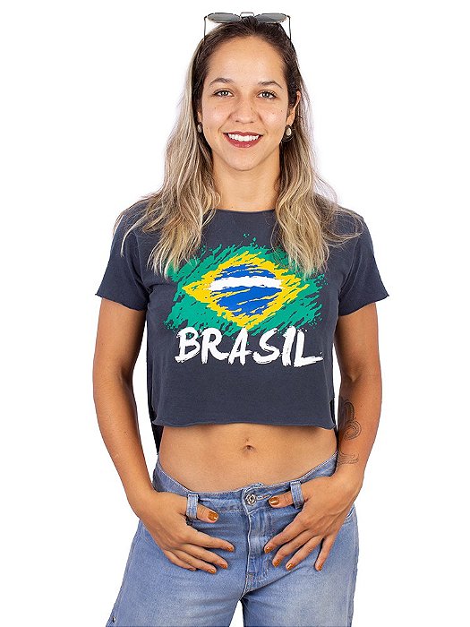 Blusa Cropped Estonada Brasil Bandeira Copa Azul