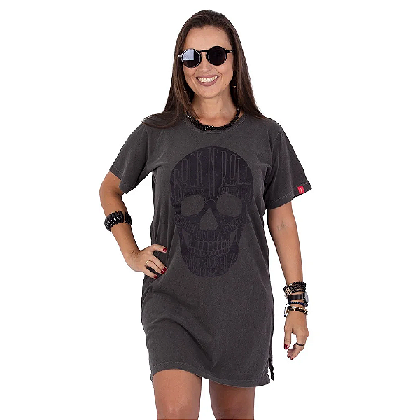 Vestido Tshirt Estonado Caveira Escrita Preta