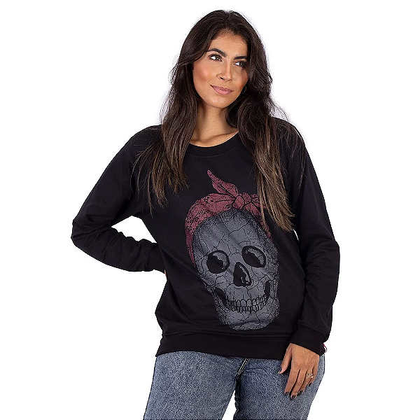 Moletinho Feminino Raglan Caveira Laço Preto