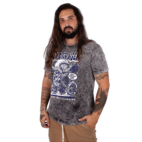 Camiseta Estonada Moto Wild Cinza Marmorizada.