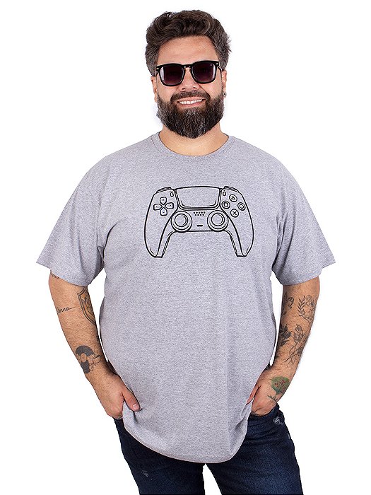 Camiseta Plus Size Controle Gamer Cinza Mescla.