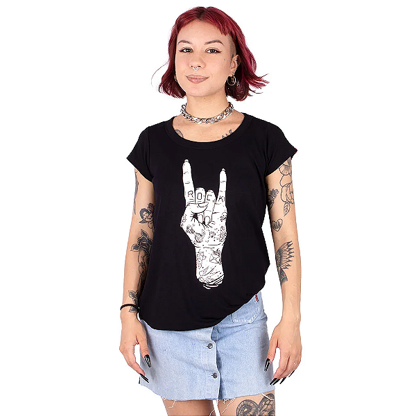 Blusa Gola Redonda Hand Tattoo Preta