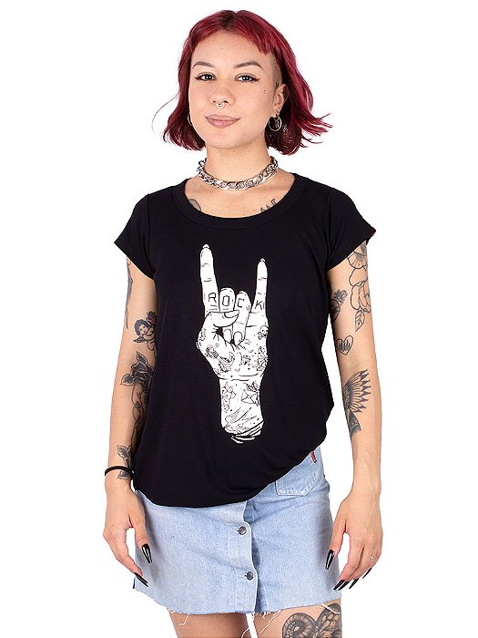 Blusa Gola Redonda Hand Tattoo Preta