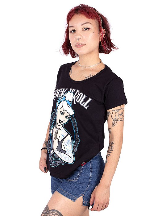 Camiseta Feminina Princesa Rock Tatuada - Preta