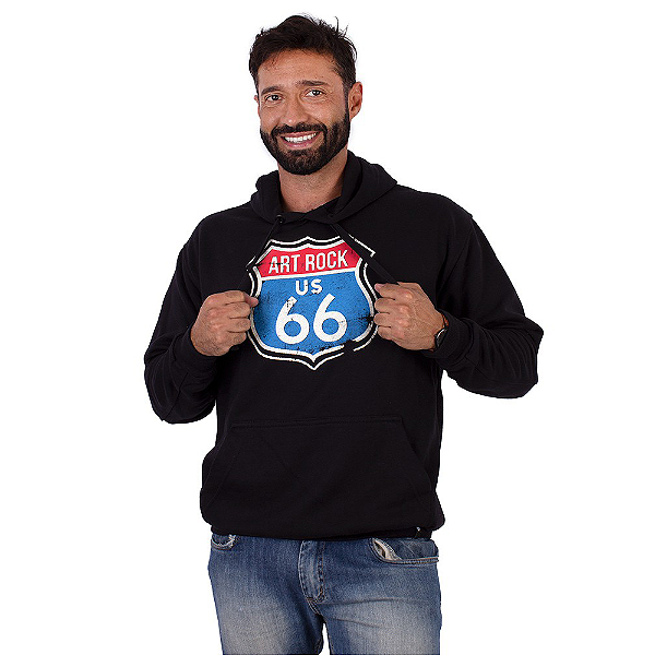Moletom Canguru Art Rock Route 66 Preto