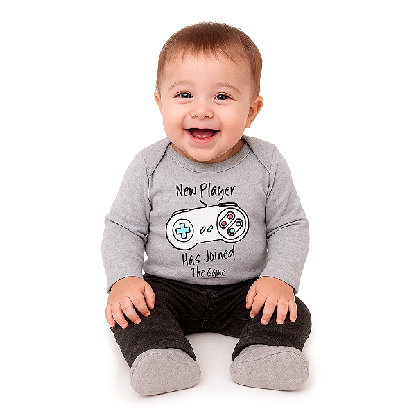 Body Bebê Manga Longa Novo Jogador Video Game Cinza Mescla
