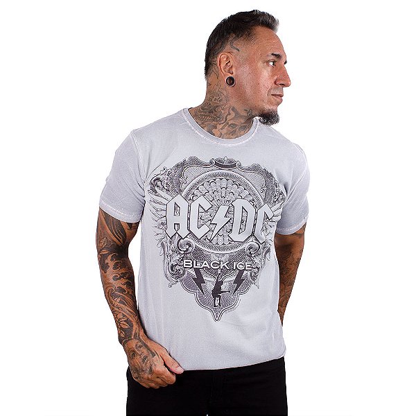 Camiseta ACDC Black Ice Estonada Premium Cinza - Oficial
