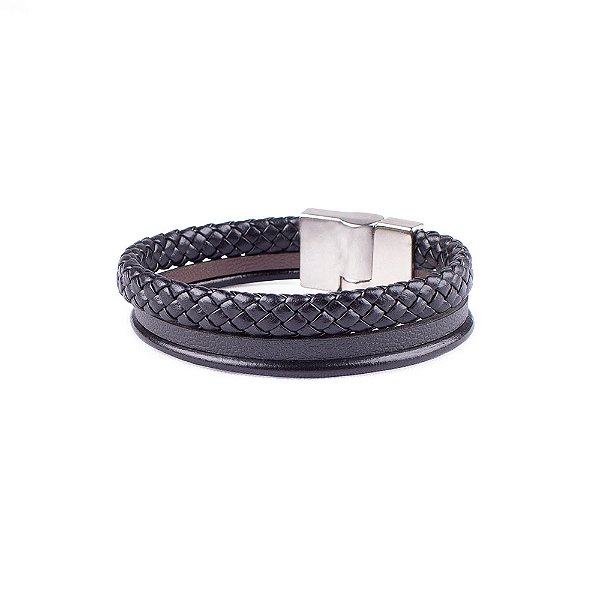 Pulseira Em Couro Trançado e Aço Inoxidável Preta