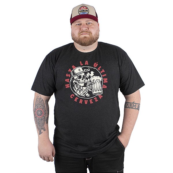 Camiseta Plus Size Caveira Cerveja Saideira - Preta Jaguar.