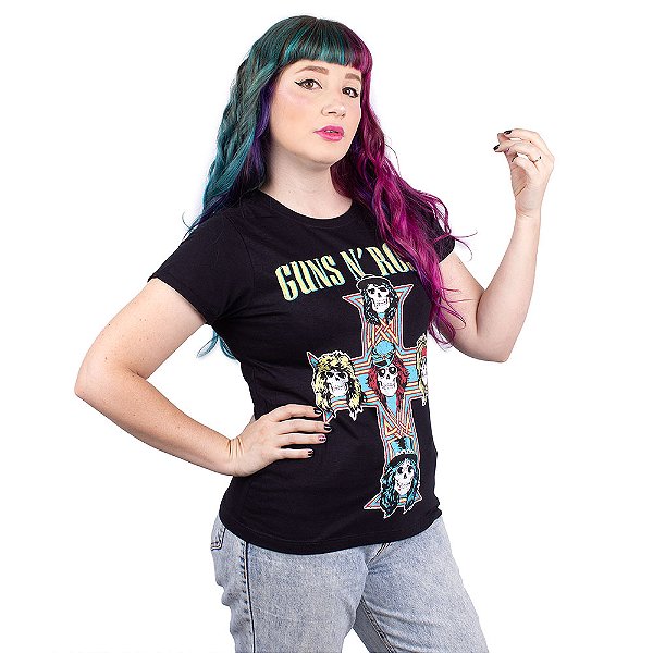 Camiseta Feminina Guns N Roses Cross Oficial - Preta