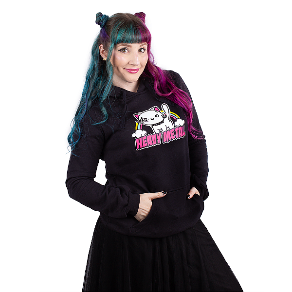 Moletom Canguru Feminino Cat Heavy Metal Preto