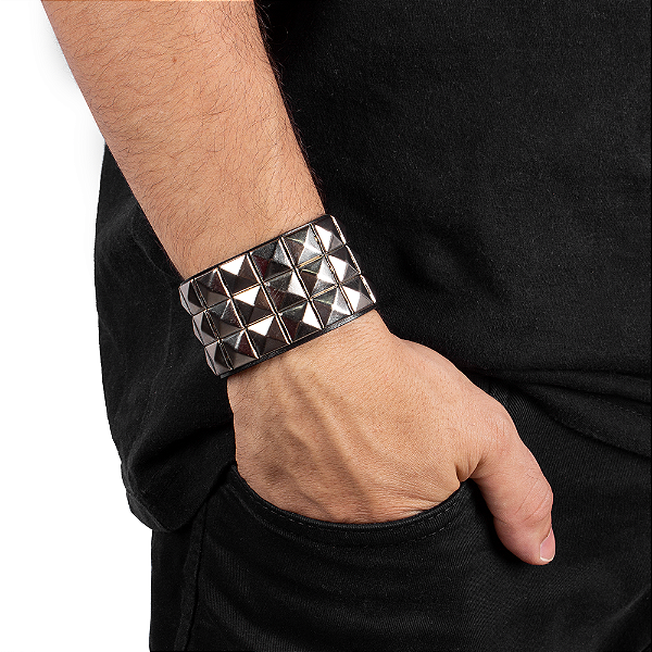 Pulseira Em Couro e Aço Inoxidável Punk - Preta